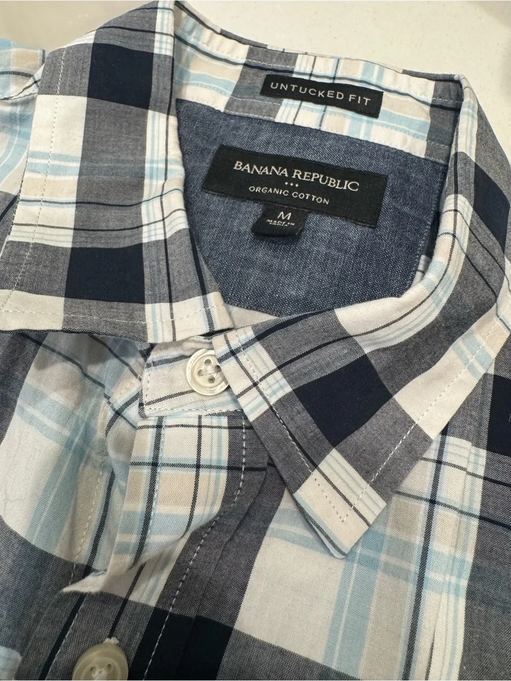 Banana Republic Blue Plaid Organic Cotton Untucked Fit Shirt Sz M